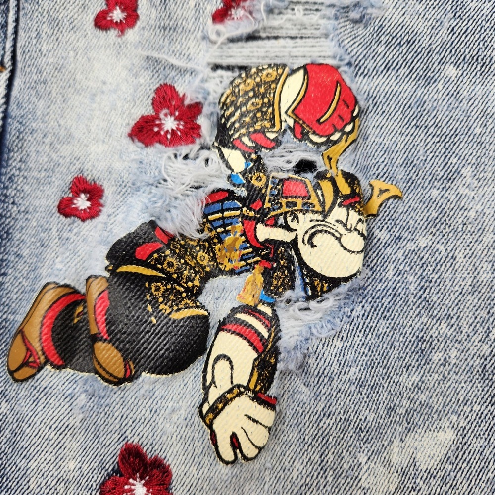 Kryptic x Popeye Mens 32x32 Moto Distressed Samurai Embroidered Jeans Blue Acid - Picture 7 of 9